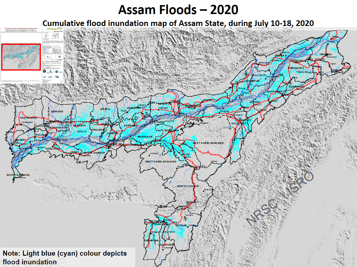 Cumulative flood inundation map of Assam State, during July 10-18, 2020