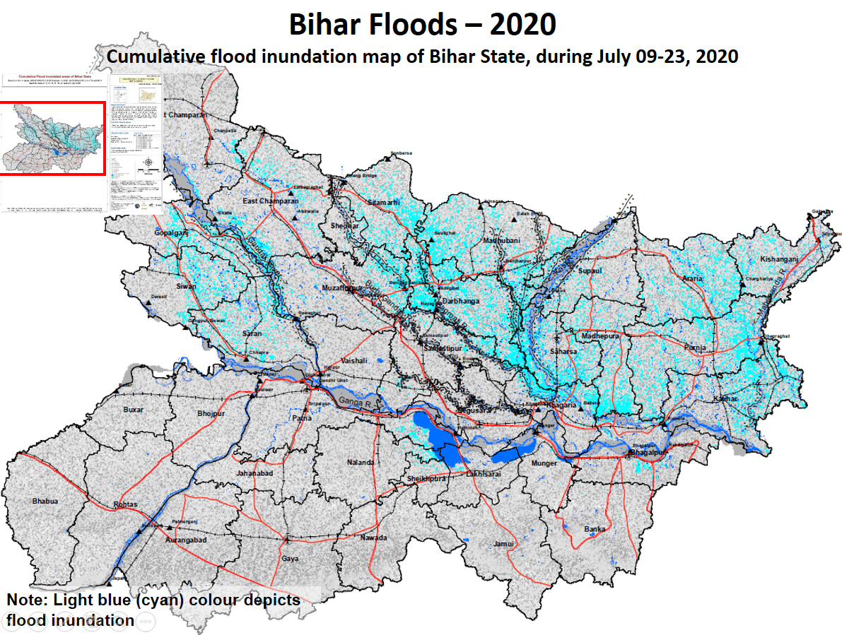 Cumulative flood inundation map of Bihar State, during July 09-23, 2020