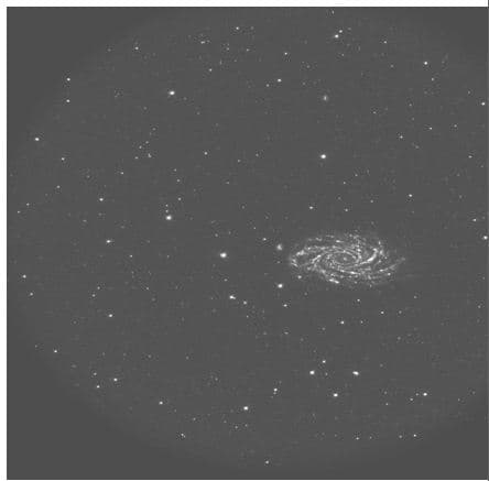 NUV Image  of  the galaxy in the sky.  This image is  corrected for drifts using  UVIT itself;  This image was acquired on Dec. 17, 2015.  NGC 2336 is a barred spiral galaxy  more than 100 million light years away.  The spiral arms are indicative of several star forming regions  and hence this  galaxy is a very good target for UV  studies (at present this image is one of the best resolved,  large field NUV  image  of  this galaxy and its surroundings)