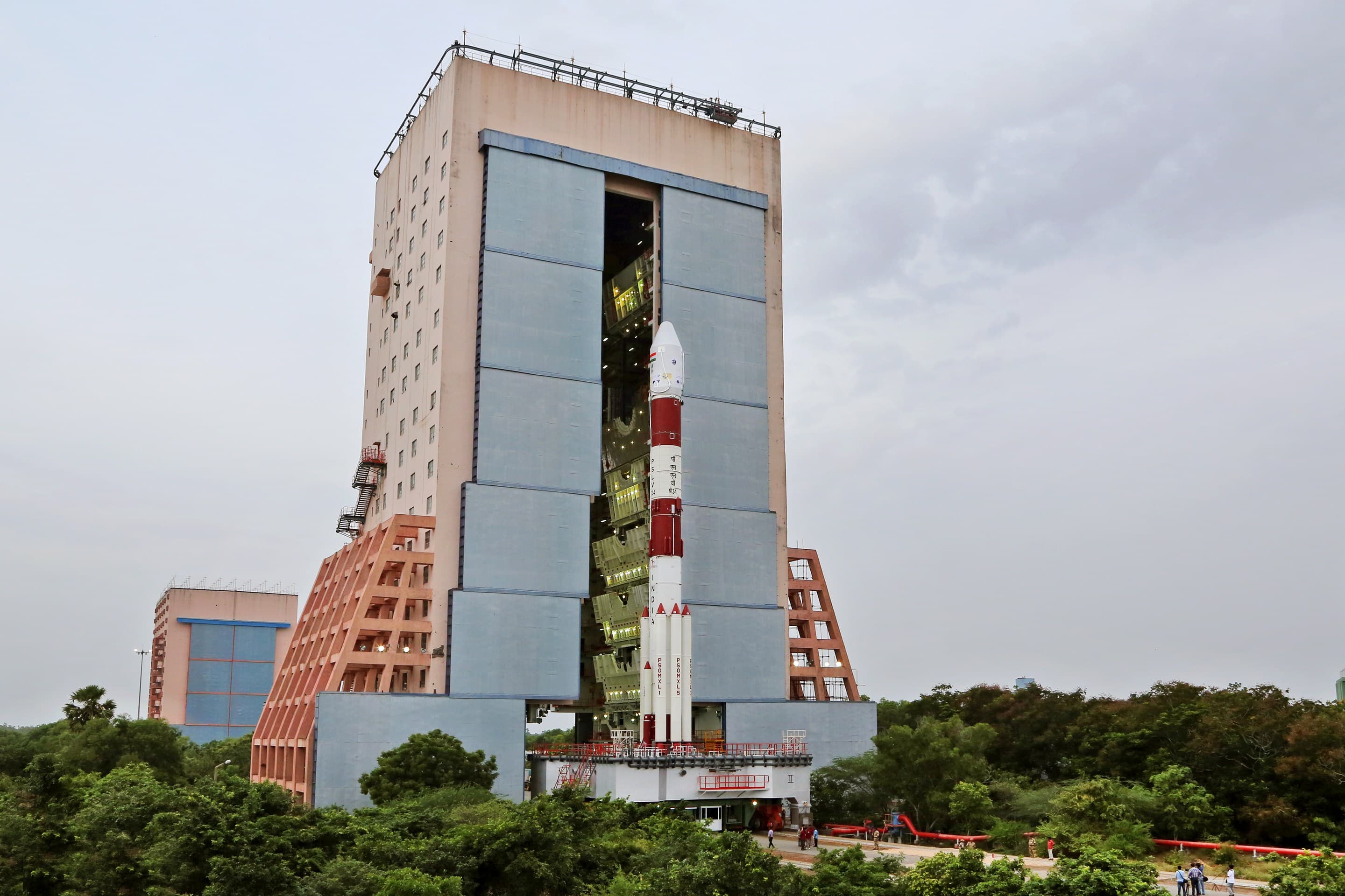 Fully integrated PSLV-C34 with all the Spacecrafts being moved out of Vehicle assembly building